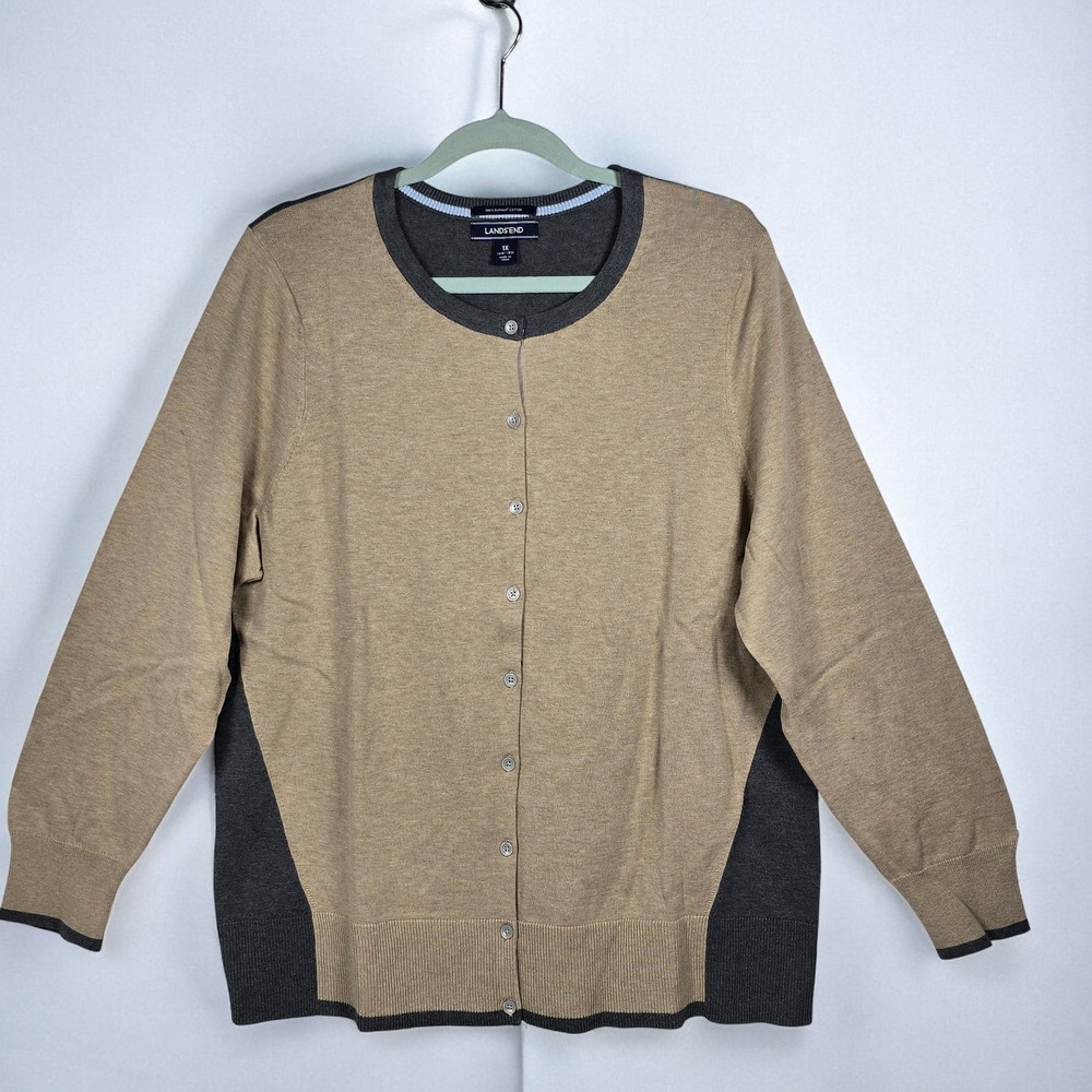 Lands End Womens‎ Cardigan Sweater Supima Cotton Woman 1X Beige Grey Colorblock